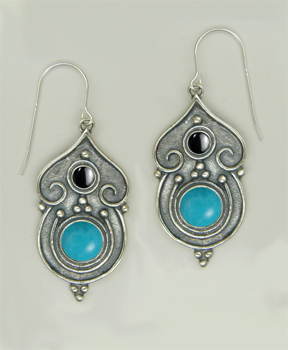 Sterling Silver Gothic Inspired Drop Dangle Earrings With Turquoise And Hematite